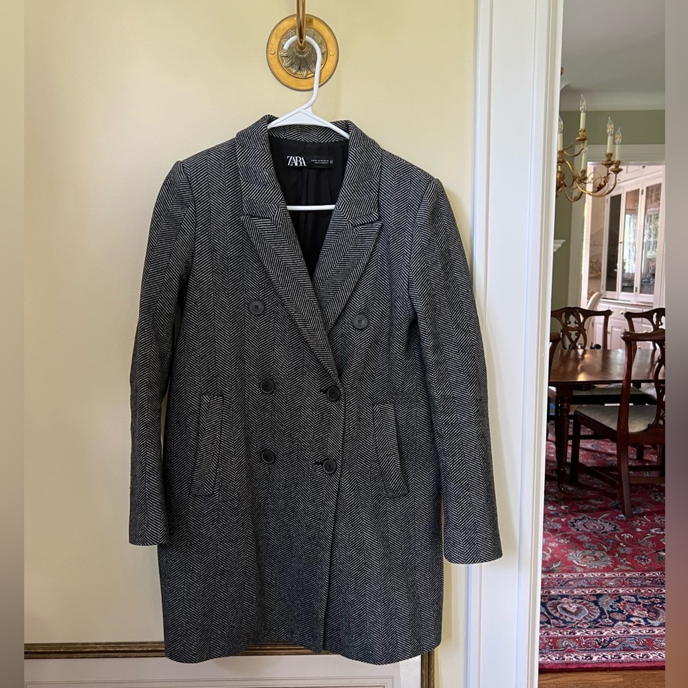 Zara Herringbone medium weight double breasted overcoat